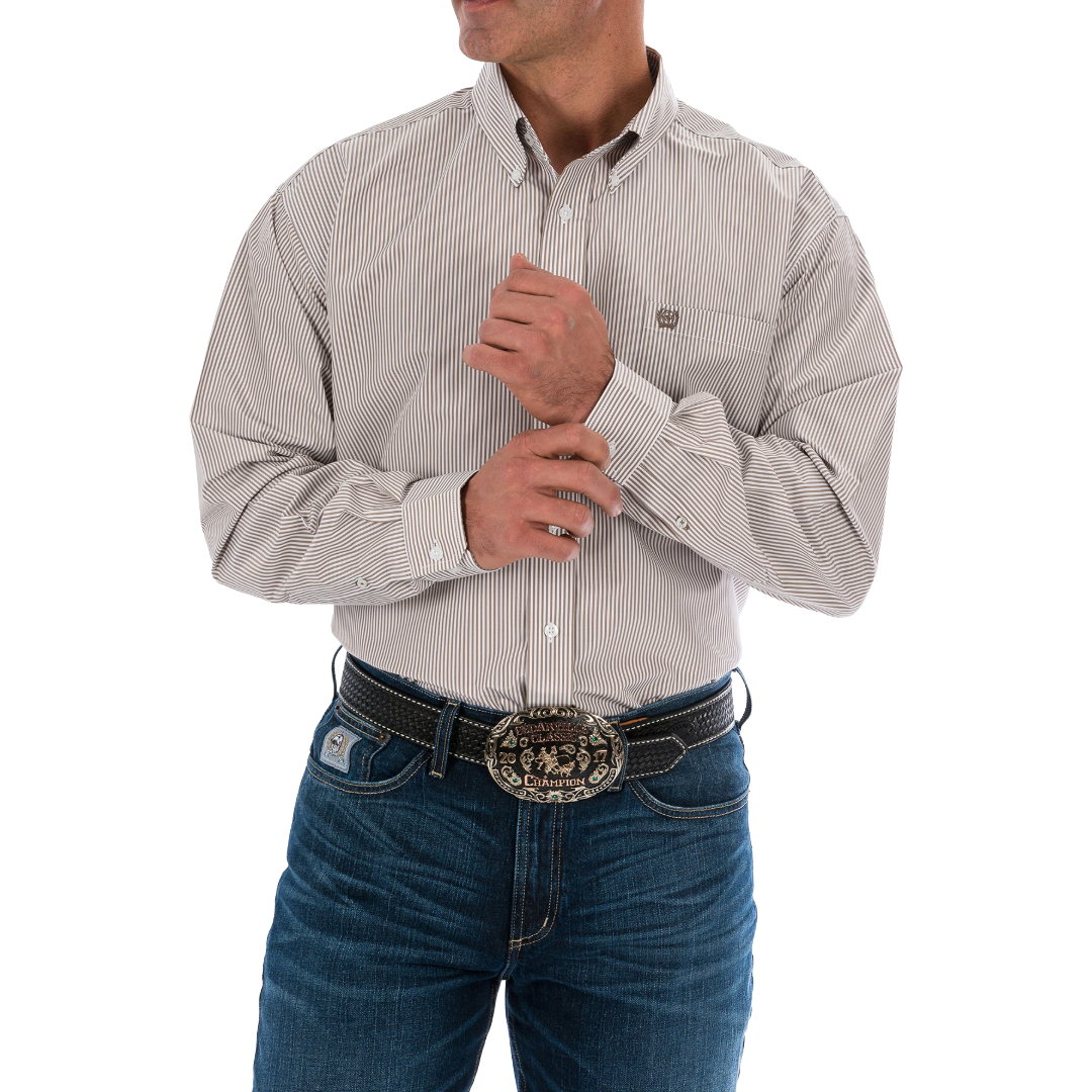 Cinch Men's Khaki Striped Print Button Down Shirt MTW1104731