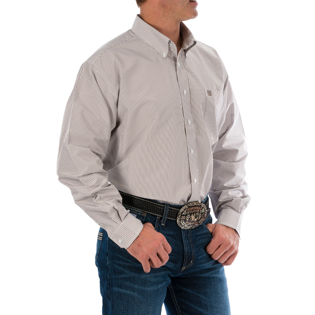 Cinch Men's Khaki Striped Print Button Down Shirt MTW1104731
