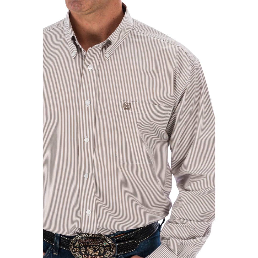 Cinch Men's Khaki Striped Print Button Down Shirt MTW1104731