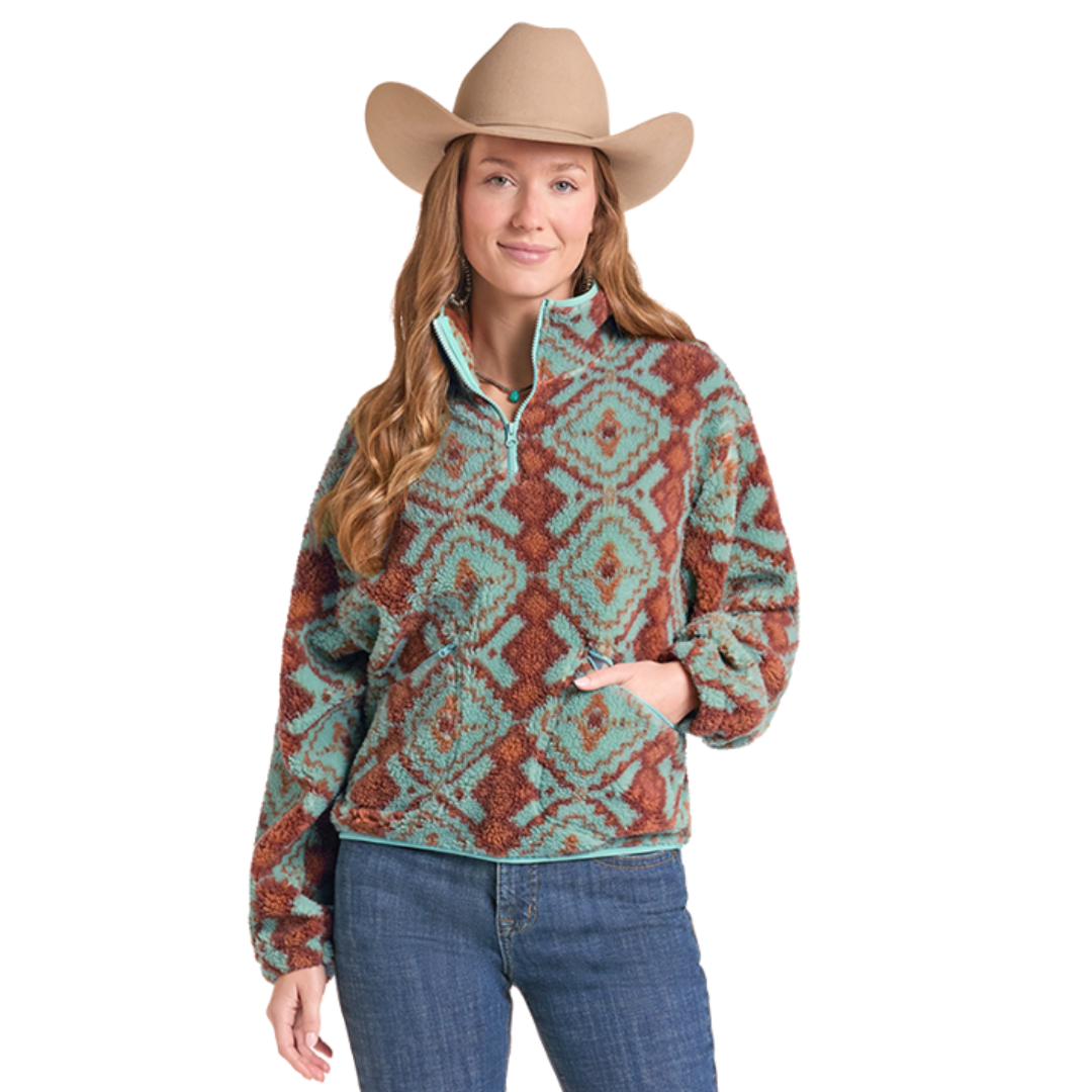 Rock & Roll Denim Ladies Light Turquoise Aztec 1/4 Zip Sherpa BW91C09410