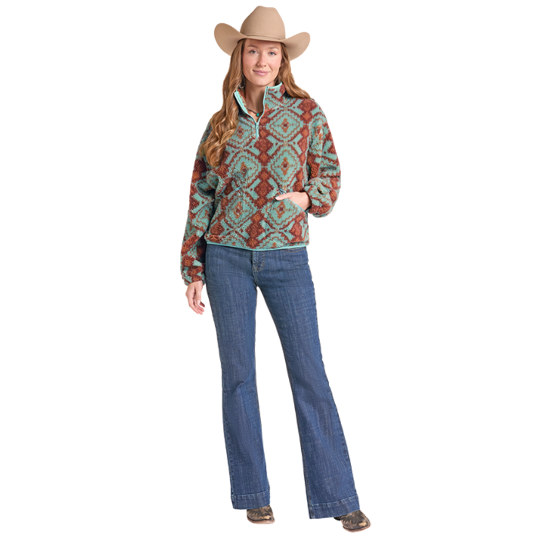 Rock & Roll Denim Ladies Light Turquoise Aztec 1/4 Zip Sherpa BW91C09410