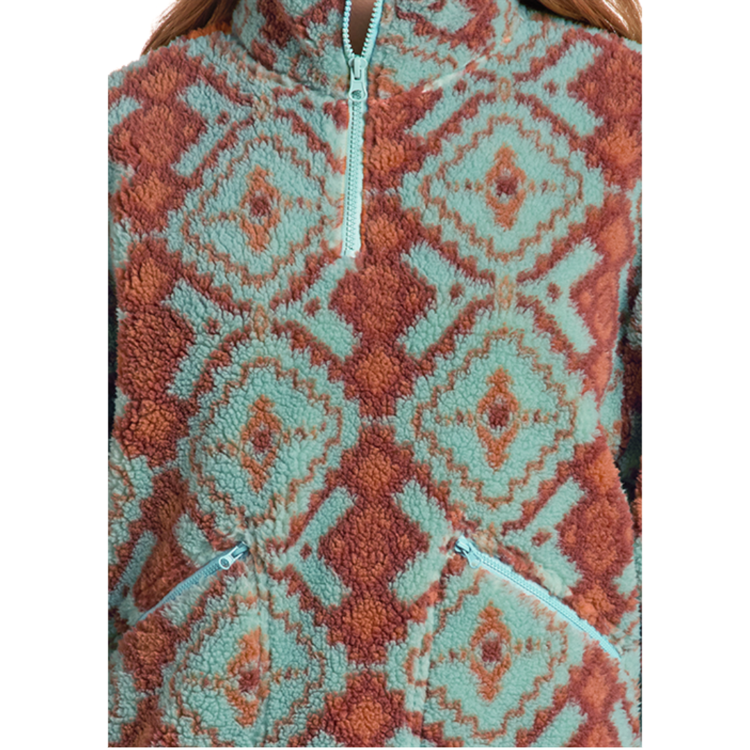Rock & Roll Denim Ladies Light Turquoise Aztec 1/4 Zip Sherpa BW91C09410