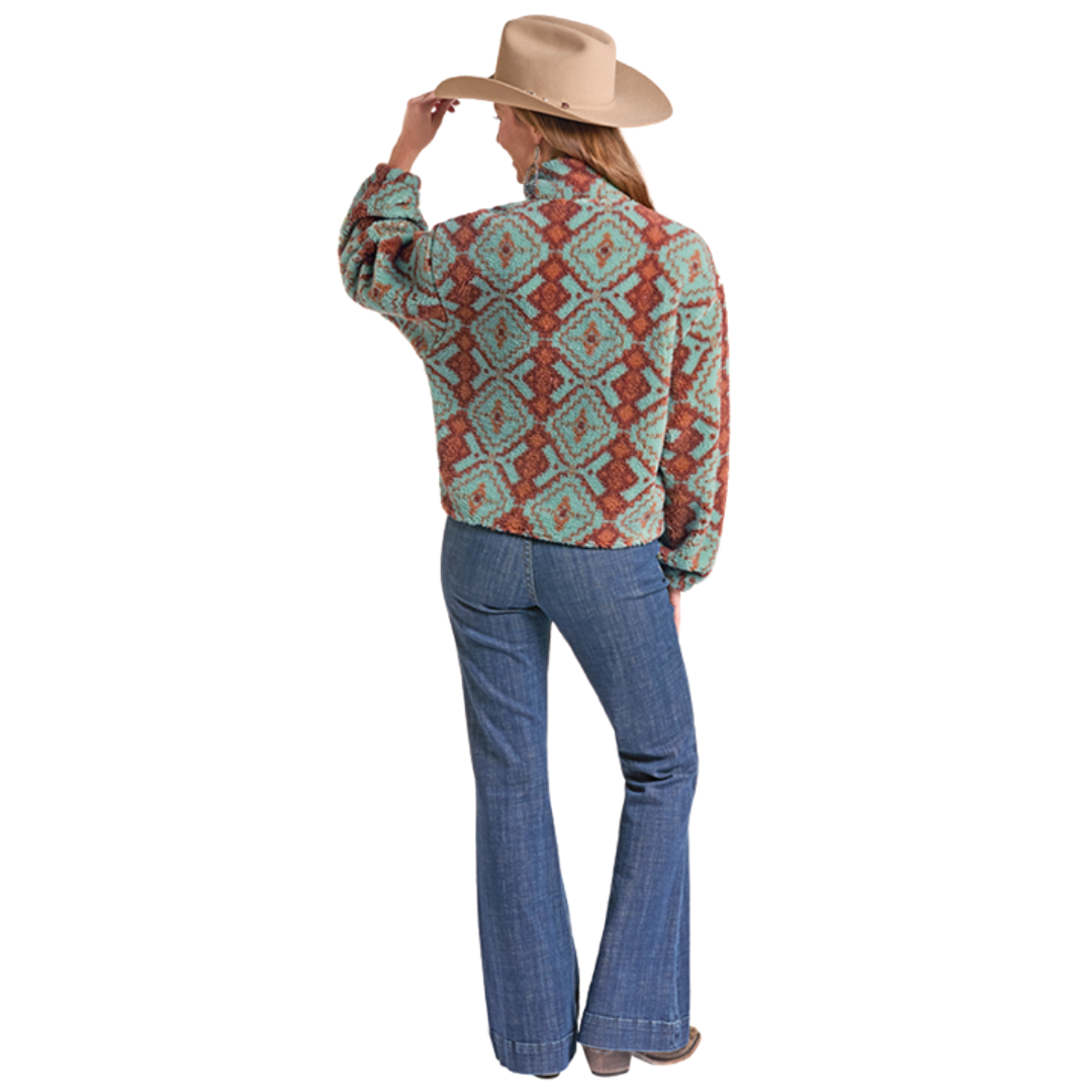 Rock & Roll Denim Ladies Light Turquoise Aztec 1/4 Zip Sherpa BW91C09410