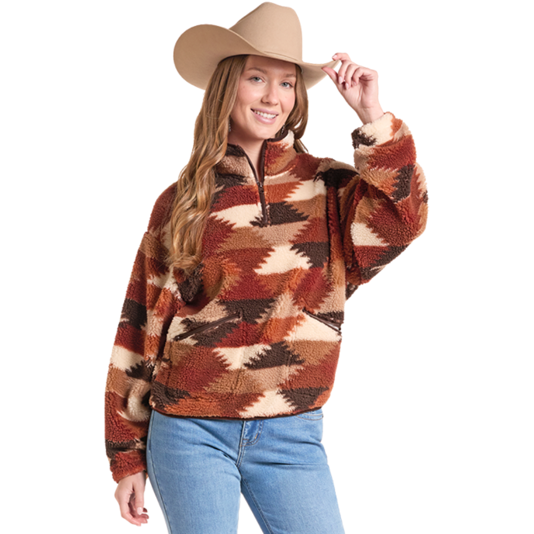 Rock & Roll Denim Ladies Hexagon Print 1/4 Zip Sherpa Jacket BW91C09371