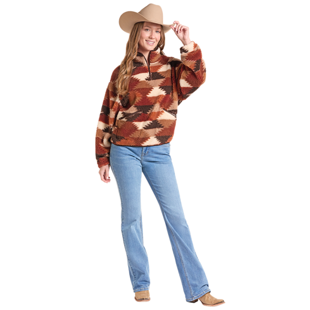 Rock & Roll Denim Ladies Hexagon Print 1/4 Zip Sherpa Jacket BW91C09371