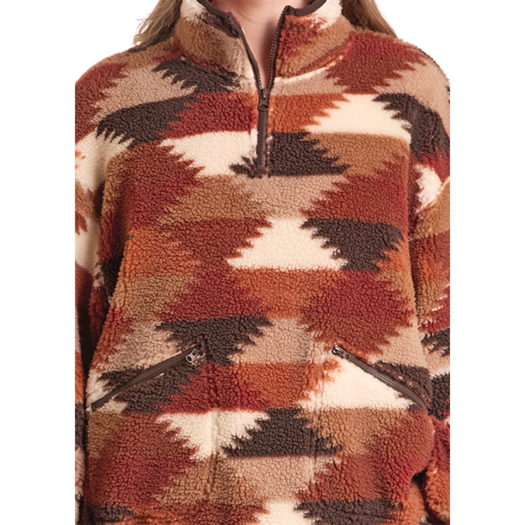 Rock & Roll Denim Ladies Hexagon Print 1/4 Zip Sherpa Jacket BW91C09371
