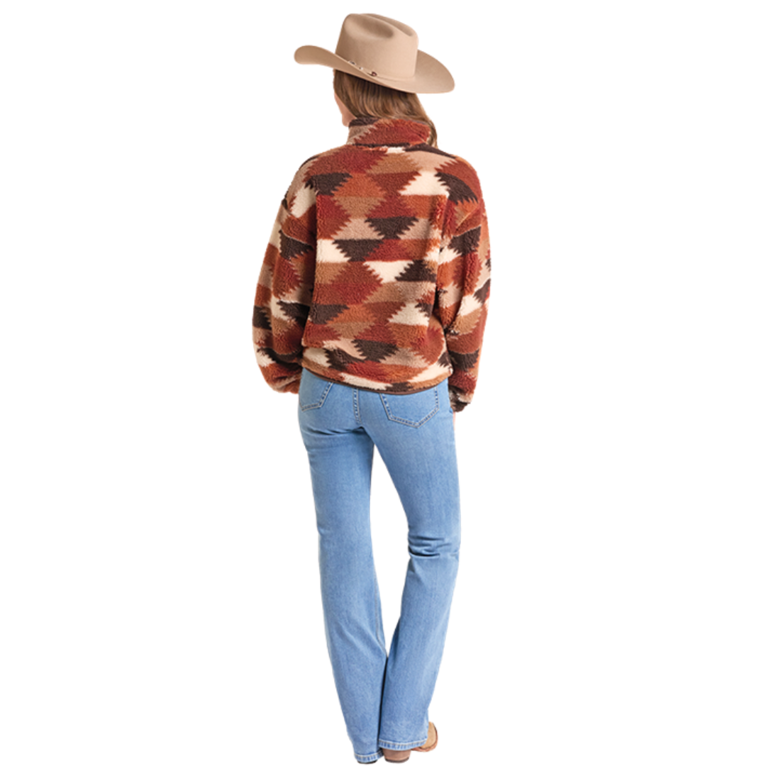 Rock & Roll Denim Ladies Hexagon Print 1/4 Zip Sherpa Jacket BW91C09371