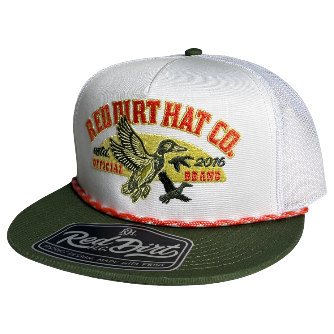 Red Dirt Hat Co. Fowl Play White & Olive 5 Panel Trucker Cap RDHC-636