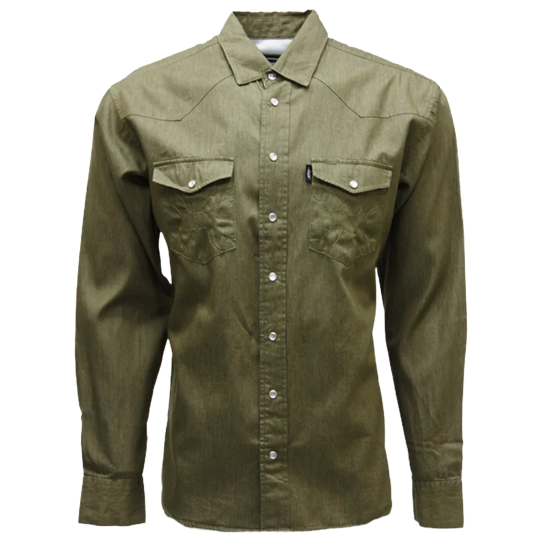 Hooey Men's Del Dark Olive Chambray Denim Western Snap Shirt HT2690DKOL