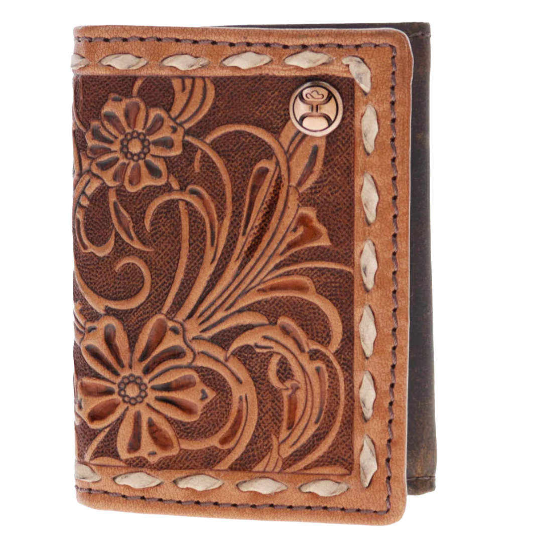 Hooey Tuff All Over Hand-Tooled Tan Leather Floral Trifold Wallet HTF039-TNBR