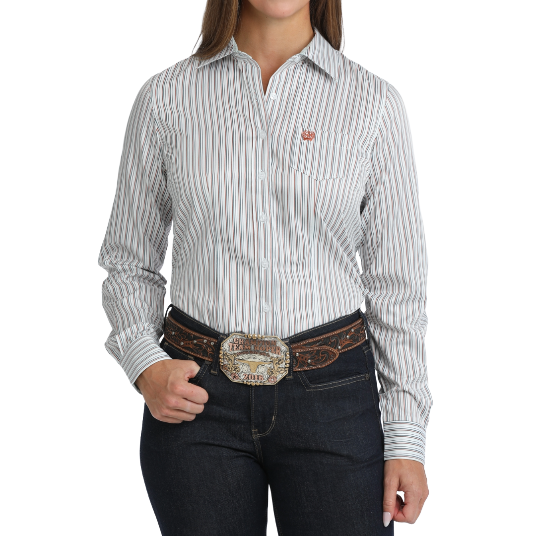Cinch Ladies White Striped Button Down Shirt MSW9164277