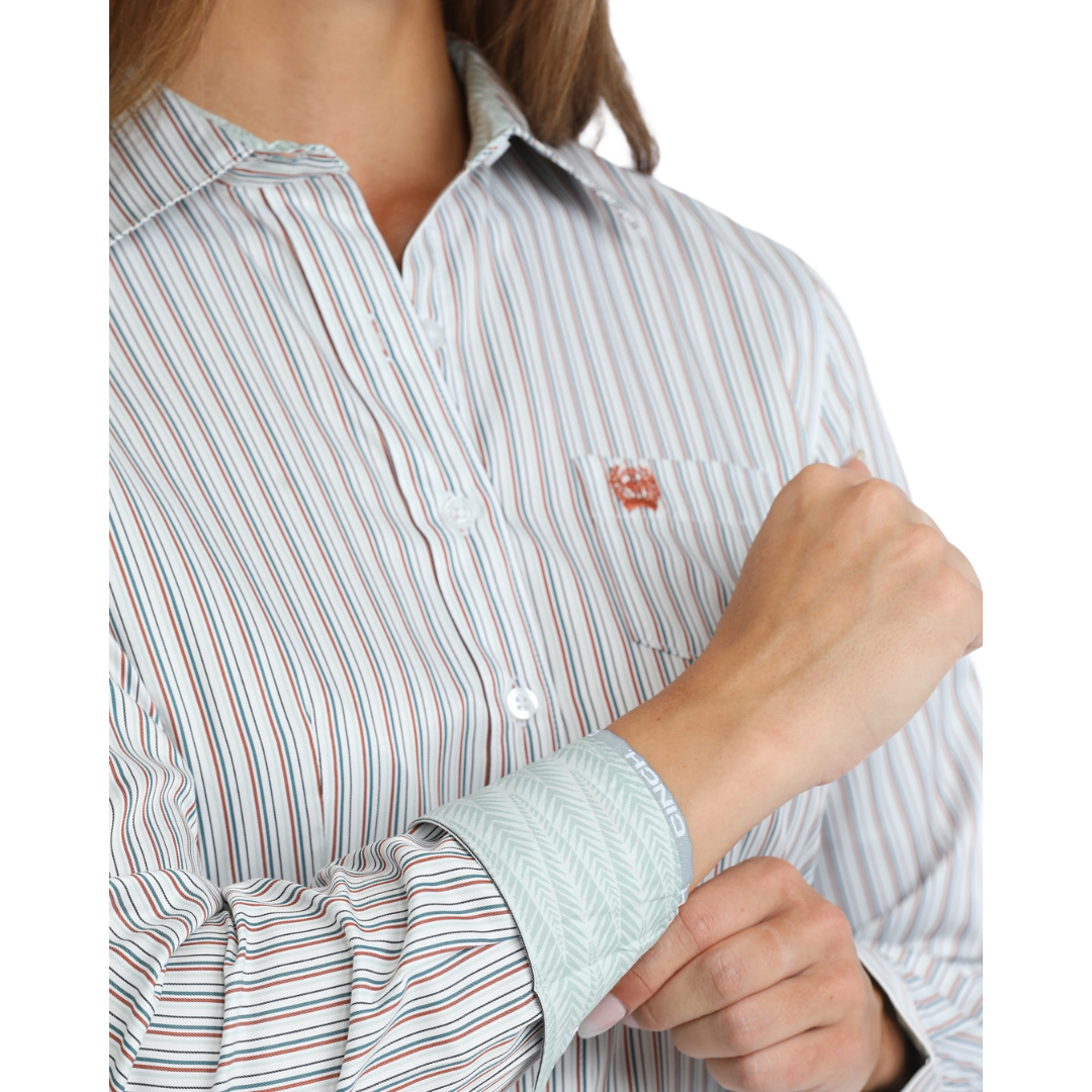 Cinch Ladies White Striped Button Down Shirt MSW9164277