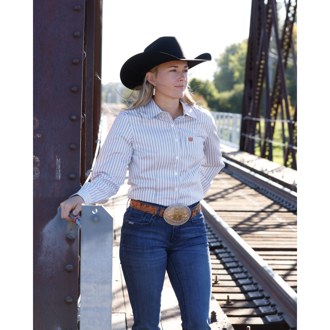 Cinch Ladies White Striped Button Down Shirt MSW9164277