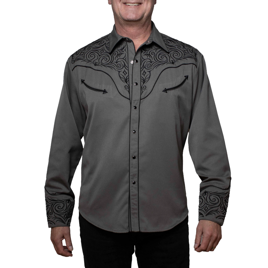 Scully Men's Charcoal Embroidered Scroll Snap Down Shirt P-936-CHA