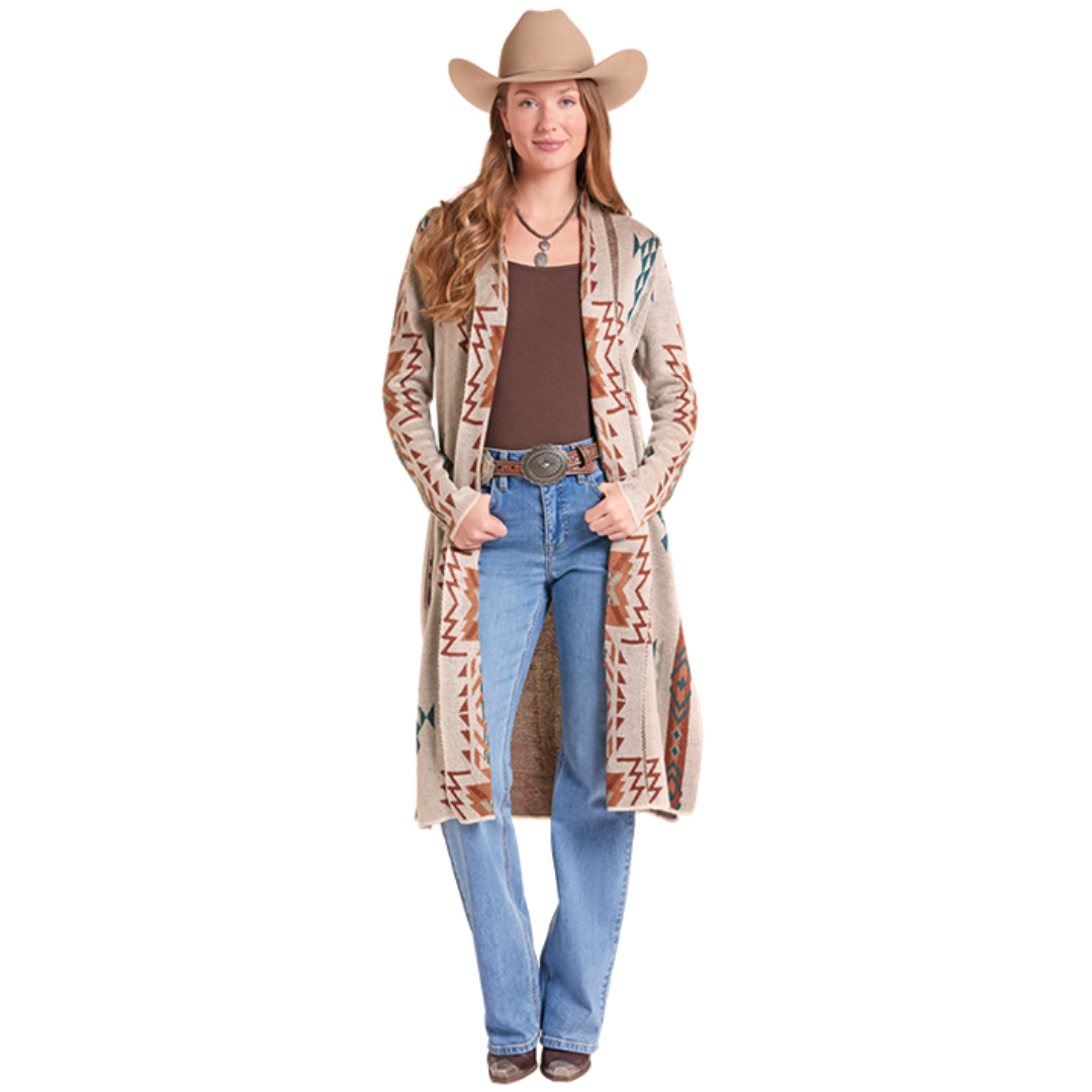 Rock & Roll Denim Ladies Cream Aztec Knit Duster BW95T09737