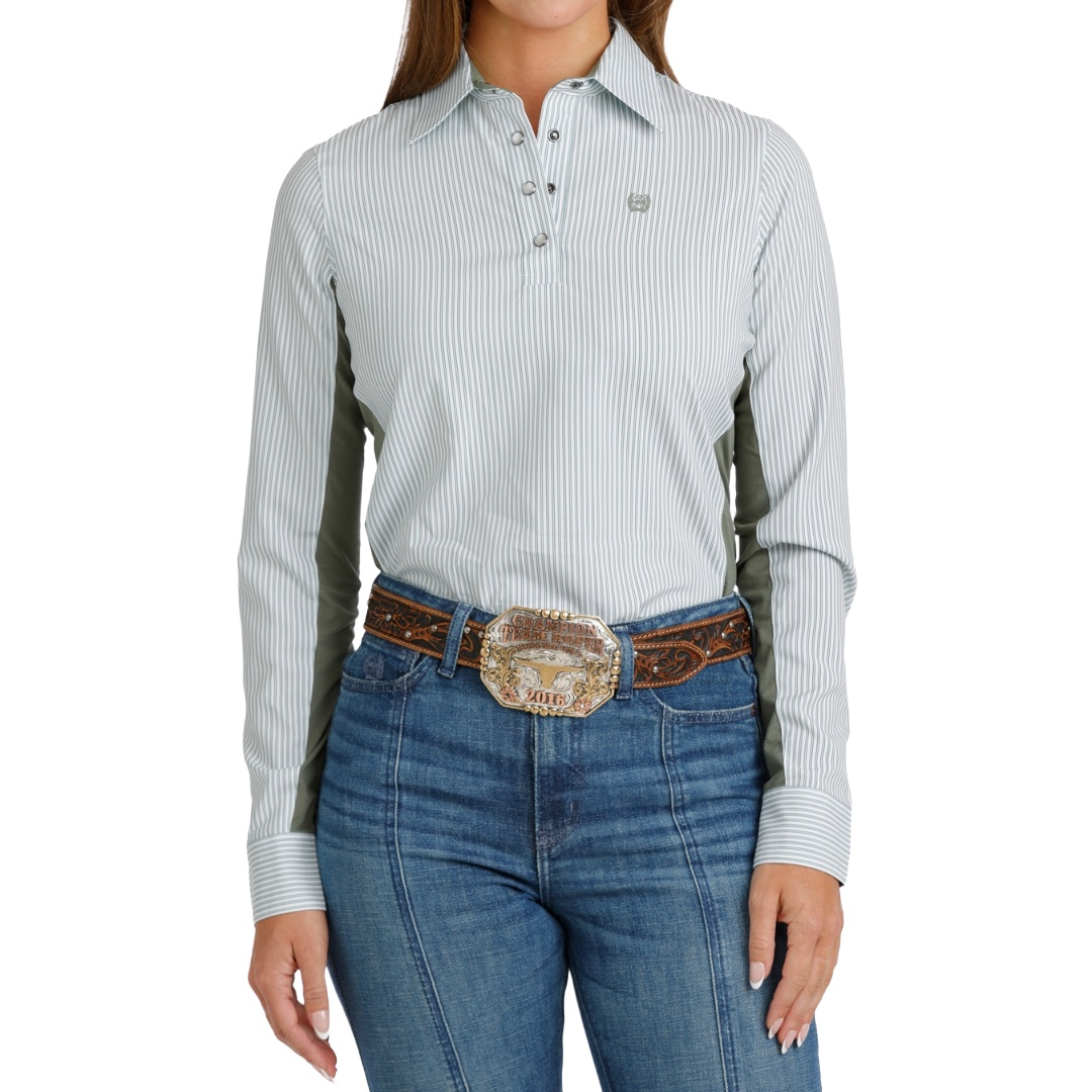 Cinch Ladies Green Striped Hybrid 1/4 Button Down Shirt MSW7916003
