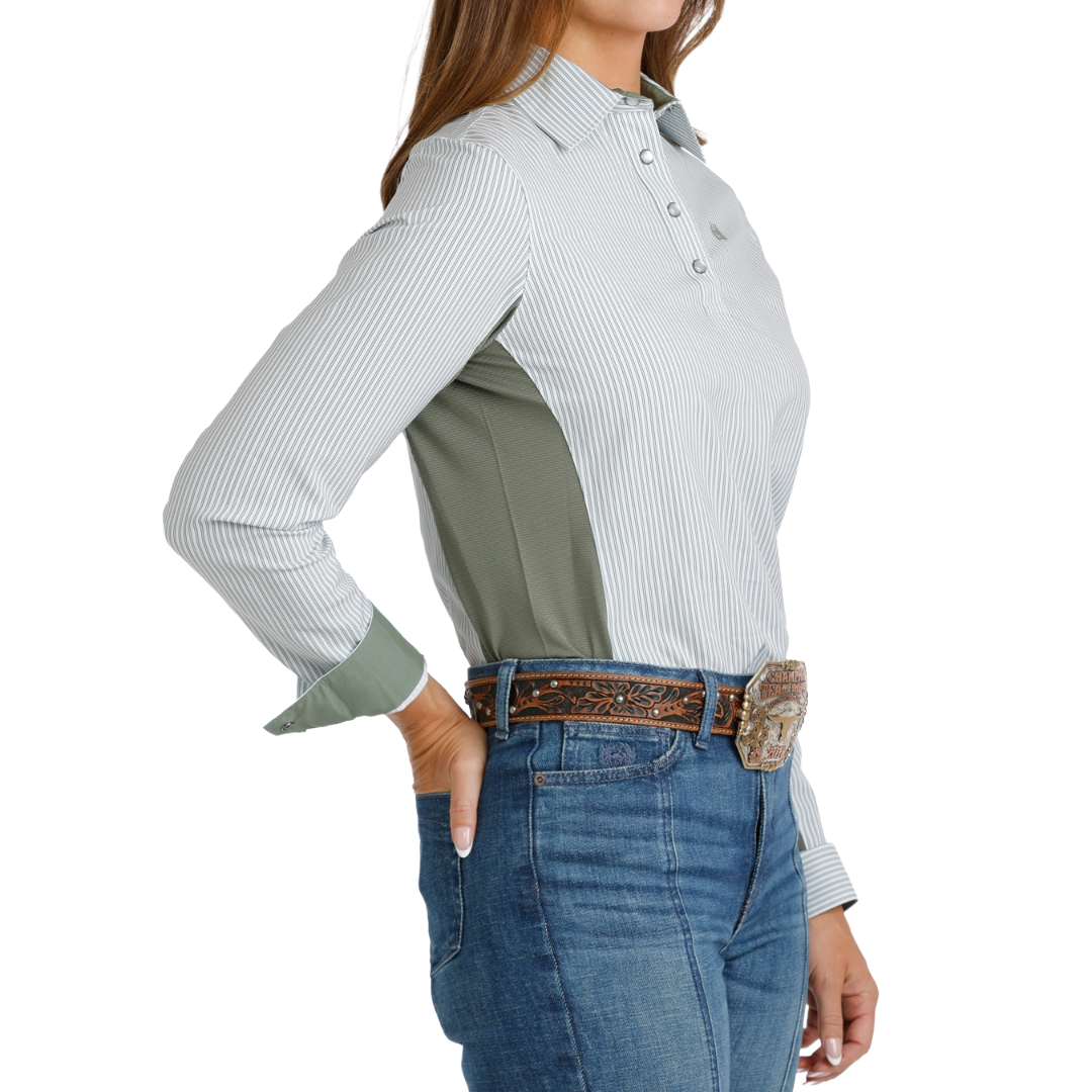 Cinch Ladies Green Striped Hybrid 1/4 Button Down Shirt MSW7916003