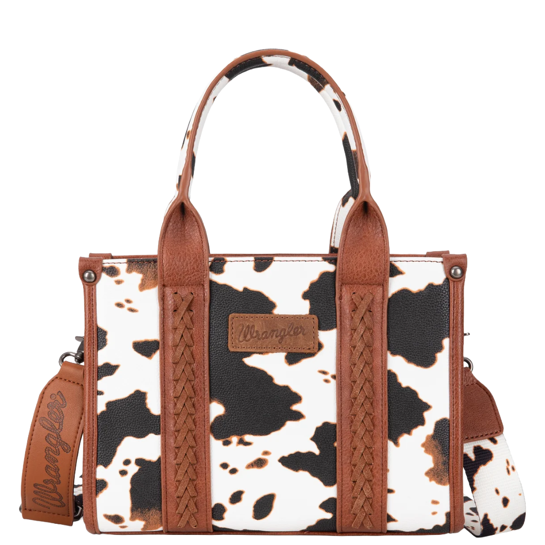 Wrangler Ladies Brown Cow Print Concealed Carry Tote And Crossbody Bag  WG-HB-133-8120S-BR