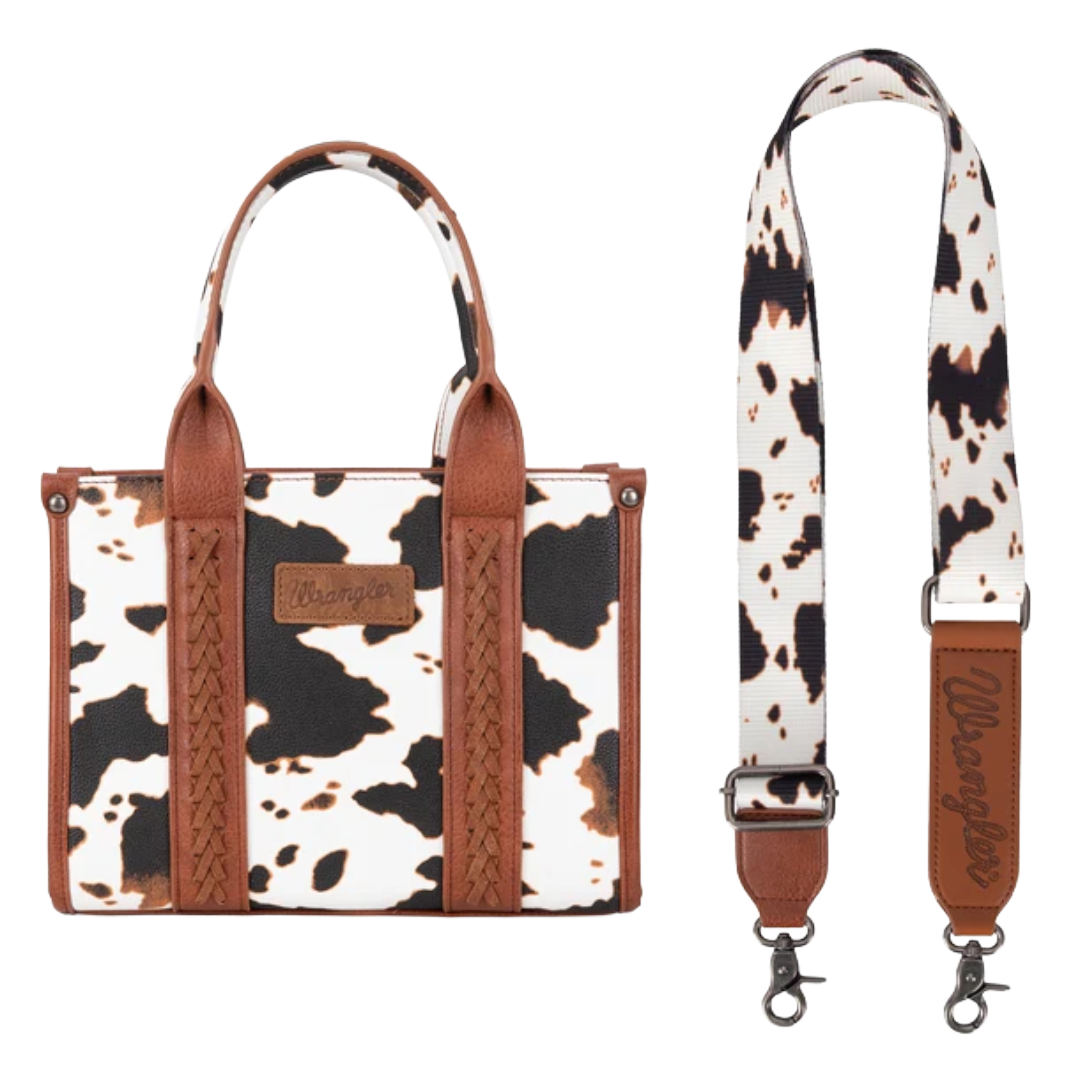 Wrangler Ladies Brown Cow Print Concealed Carry Tote And Crossbody Bag  WG-HB-133-8120S-BR