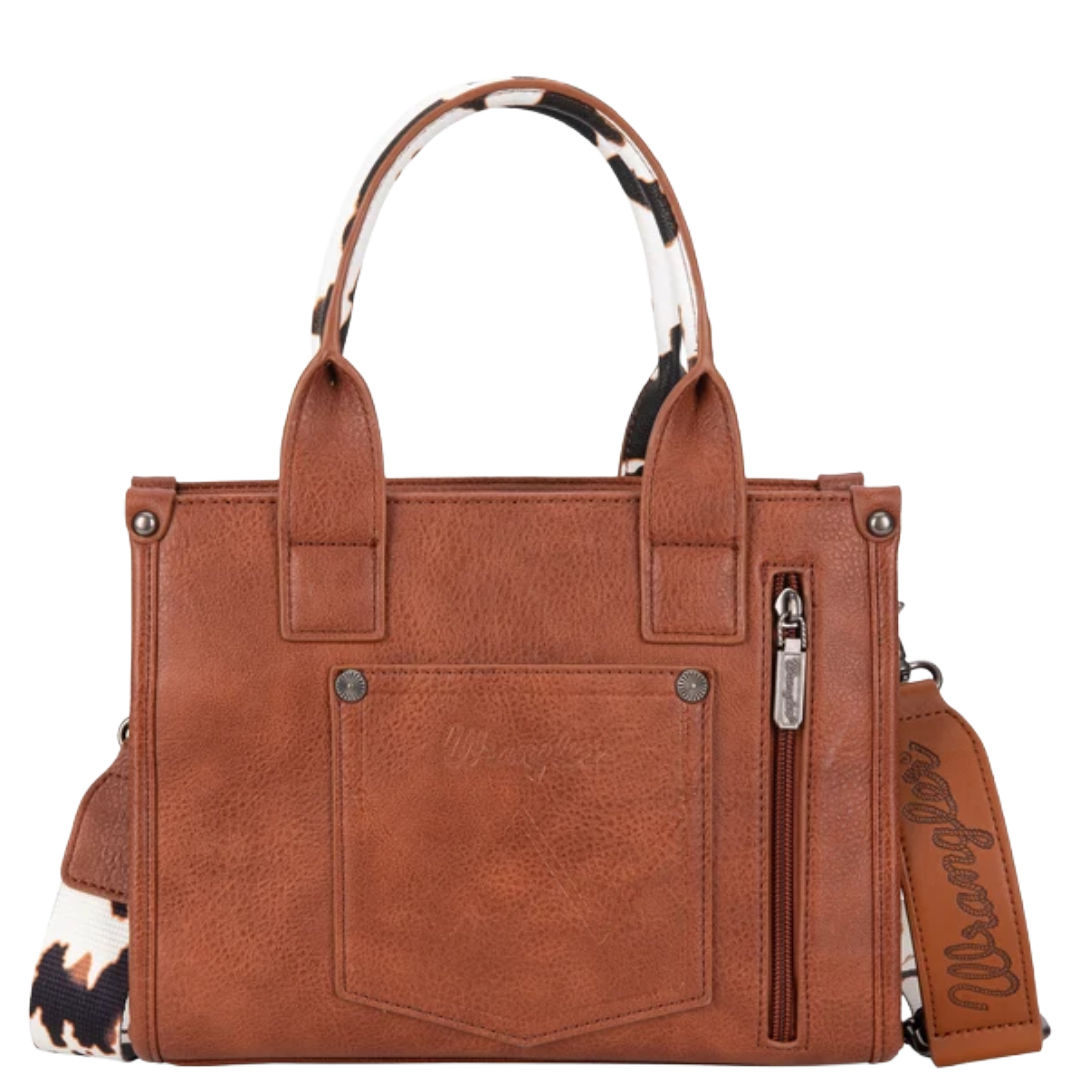 Wrangler Ladies Brown Cow Print Concealed Carry Tote And Crossbody Bag  WG-HB-133-8120S-BR