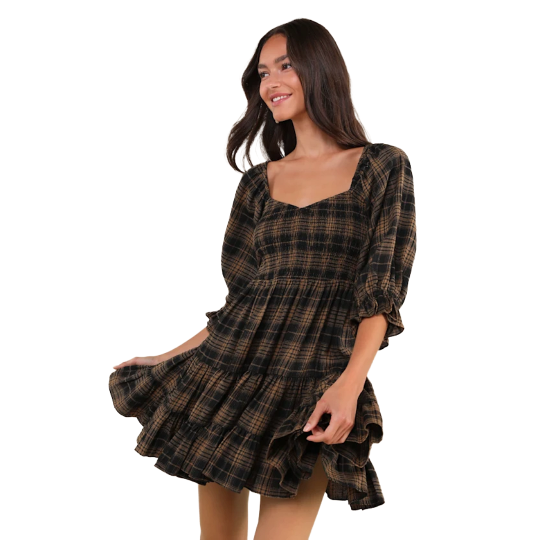 Yura Clothing Ladies No One Cuter Black & Tan Plaid Mini Dress YD1085BJ-BKTN