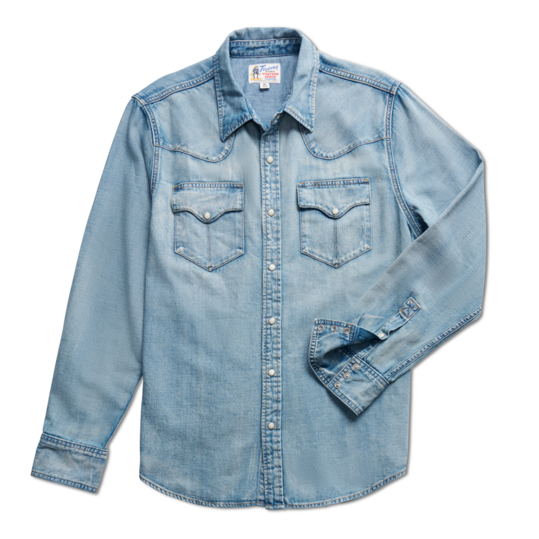 Tecovas Men's Light Wash Denim Pearl Snap Shirt 40439LWD