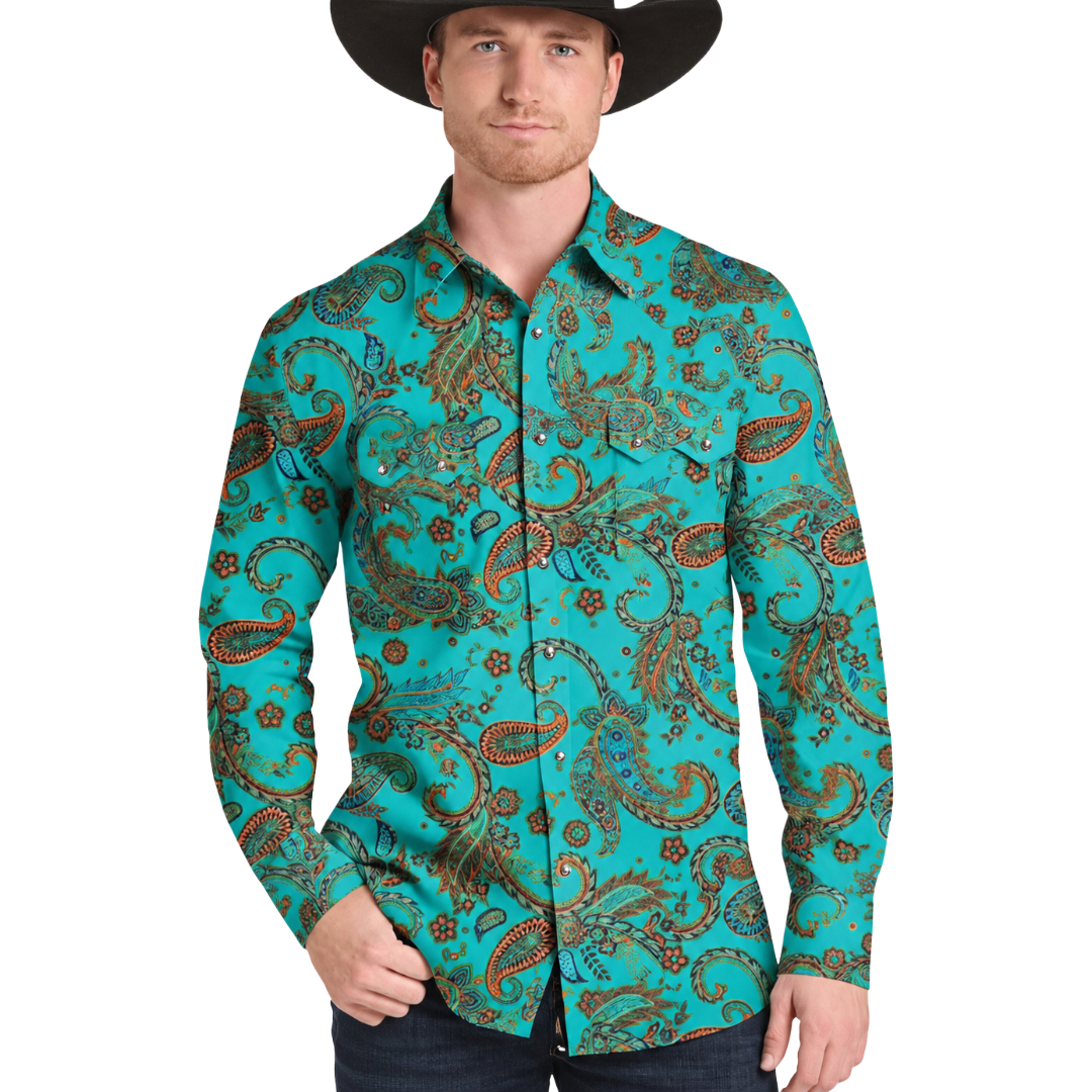 Rock & Roll Denim Men's Teal Paisley Print Snap Shirt BMN2S09430