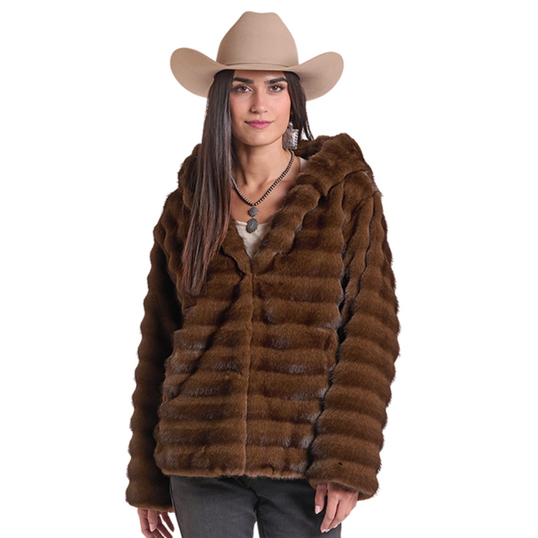 Powder River Outfitters Ladies Brown Panelled Faux Fur Short Coat DW92C09320