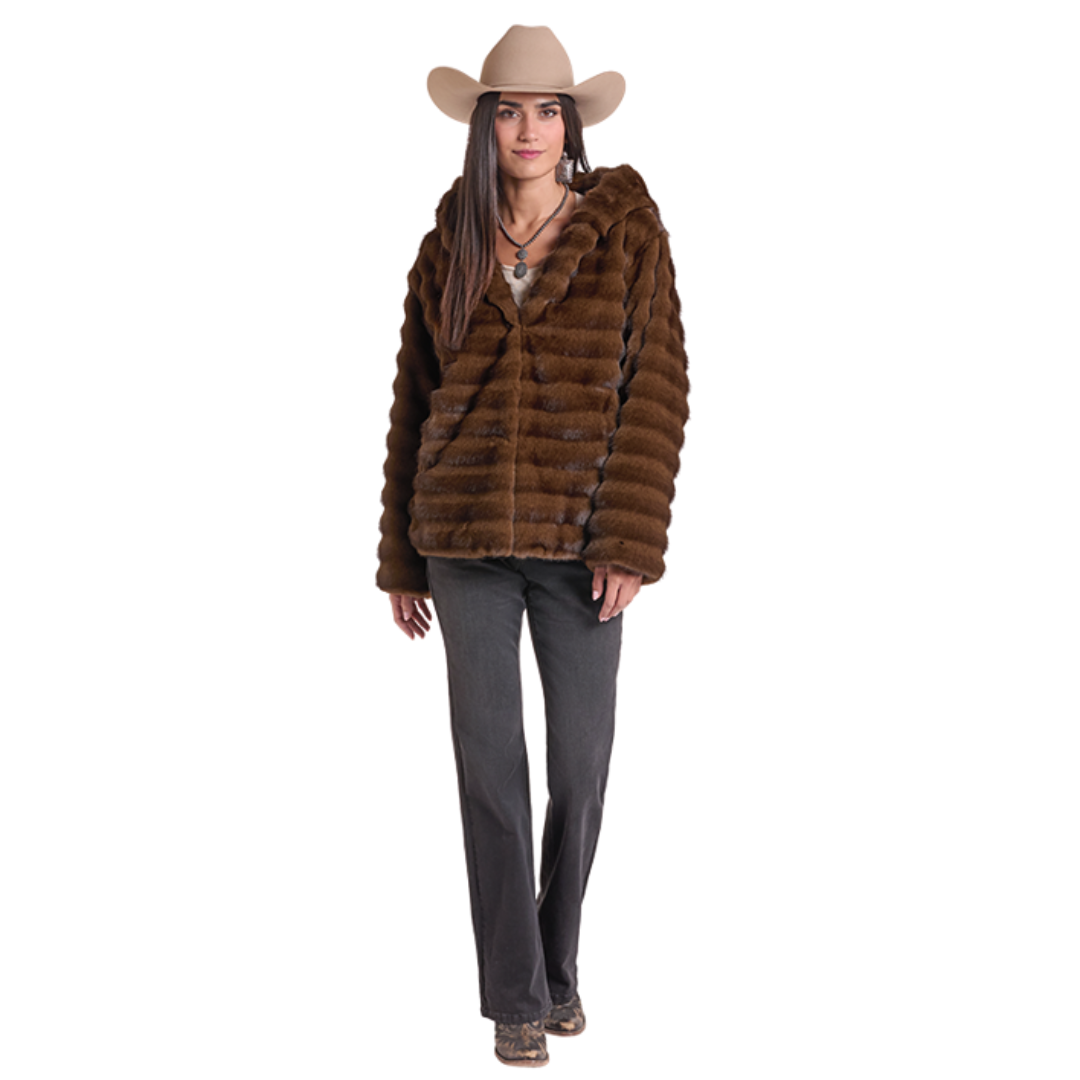 Powder River Outfitters Ladies Brown Panelled Faux Fur Short Coat DW92C09320