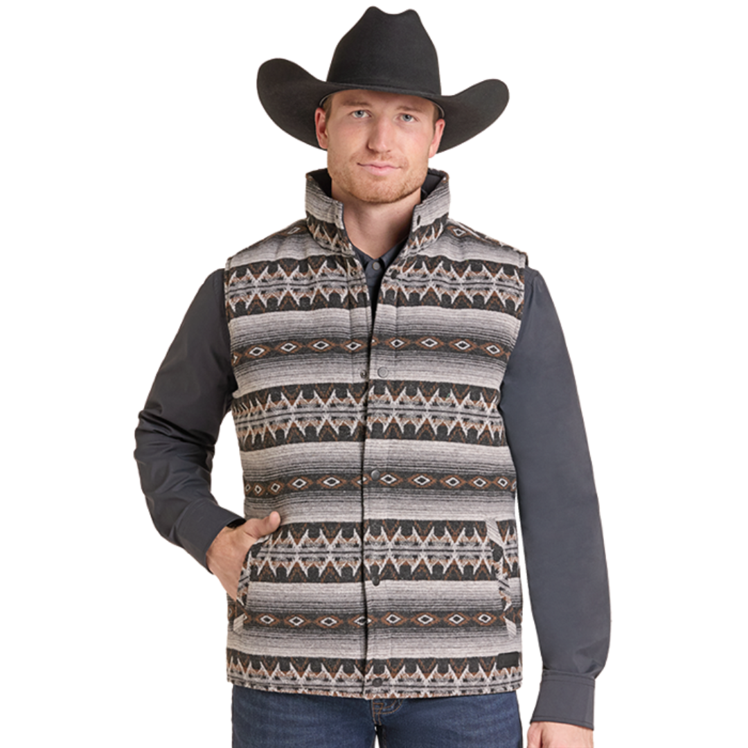 Rock & Roll Denim Men's Grey Aztec Jacquard Reversible Vest  BM98C09190