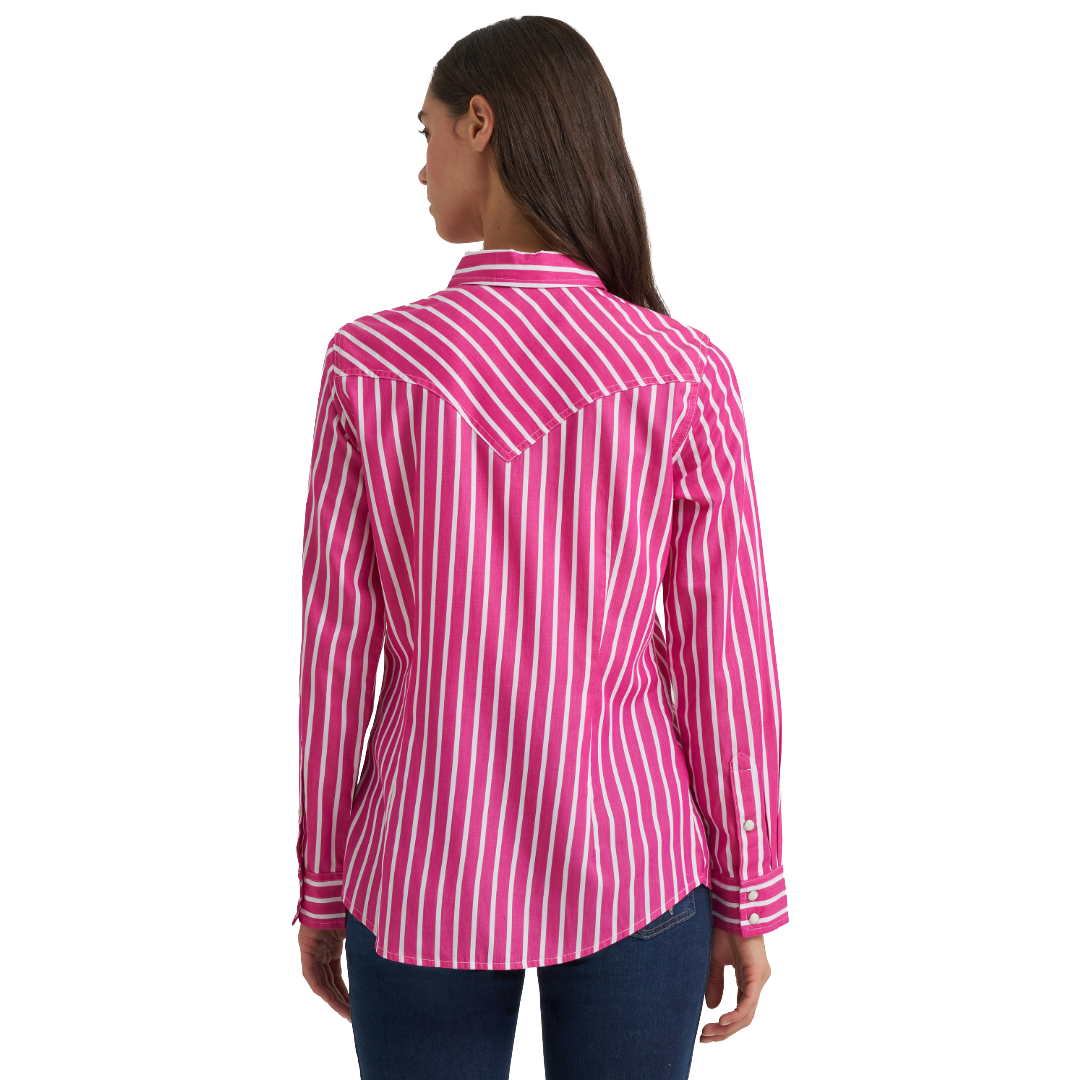 Wrangler Ladies Retro Western Pink Striped Dress Snap Shirt 112385414