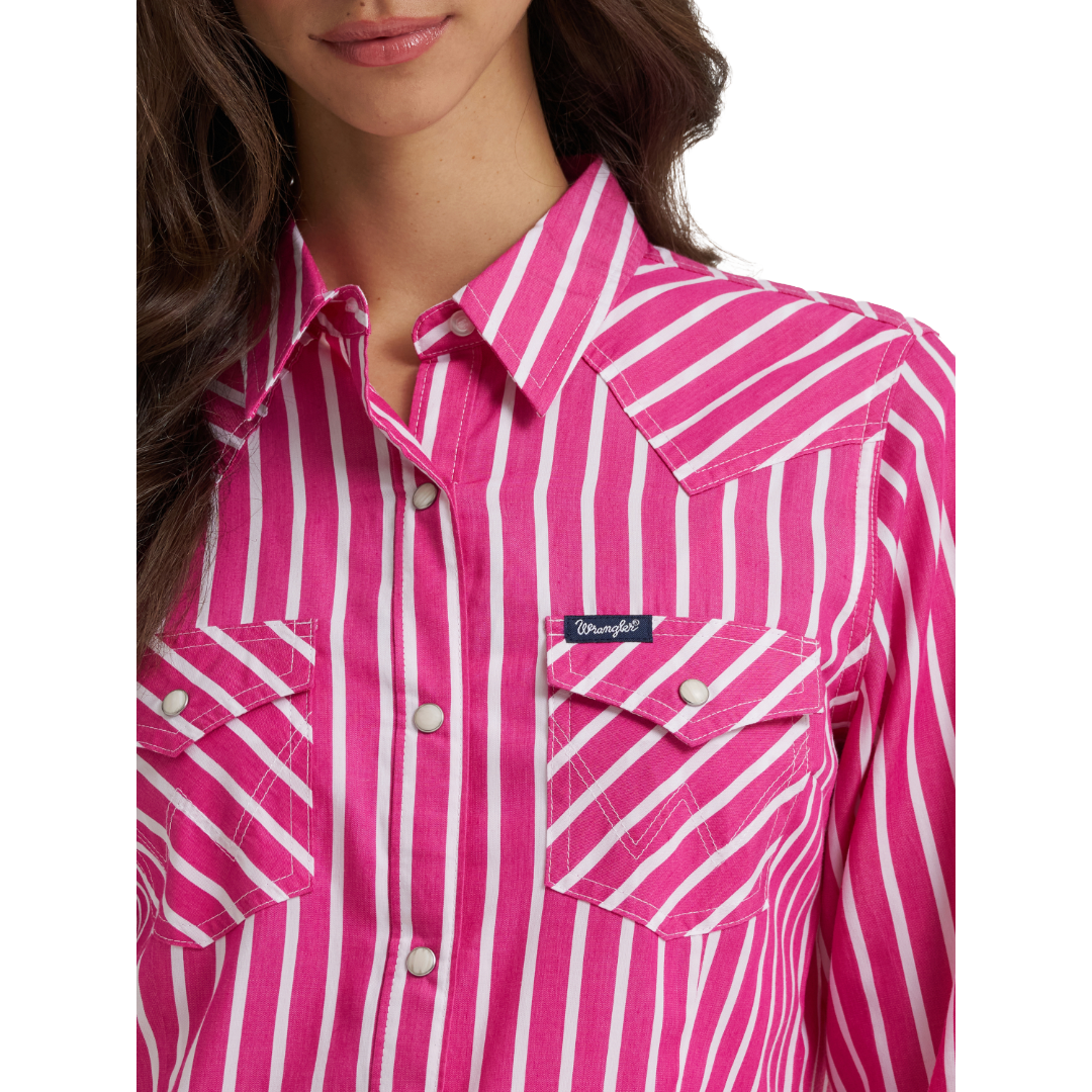 Wrangler Ladies Retro Western Pink Striped Dress Snap Shirt 112385414