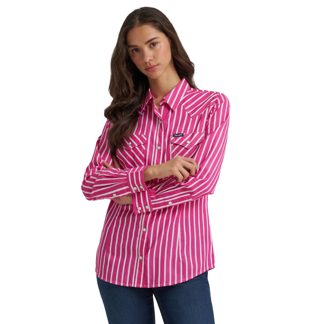 Wrangler Ladies Retro Western Pink Striped Dress Snap Shirt 112385414