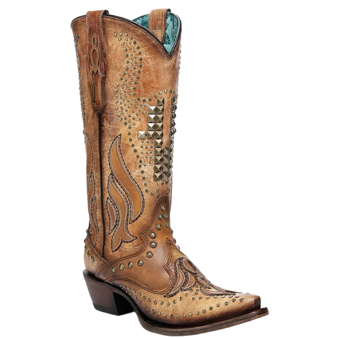 Corral Ladies Overlay Embroidery and Studs Sand Snip Toe Cowboy Boots A4834