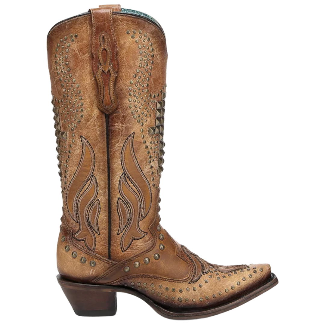Corral Ladies Overlay Embroidery and Studs Sand Snip Toe Cowboy Boots A4834