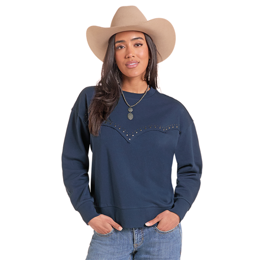 Rock & Roll Denim Ladies Blue Scallop Crew Neck T-Shirt LW91T10266