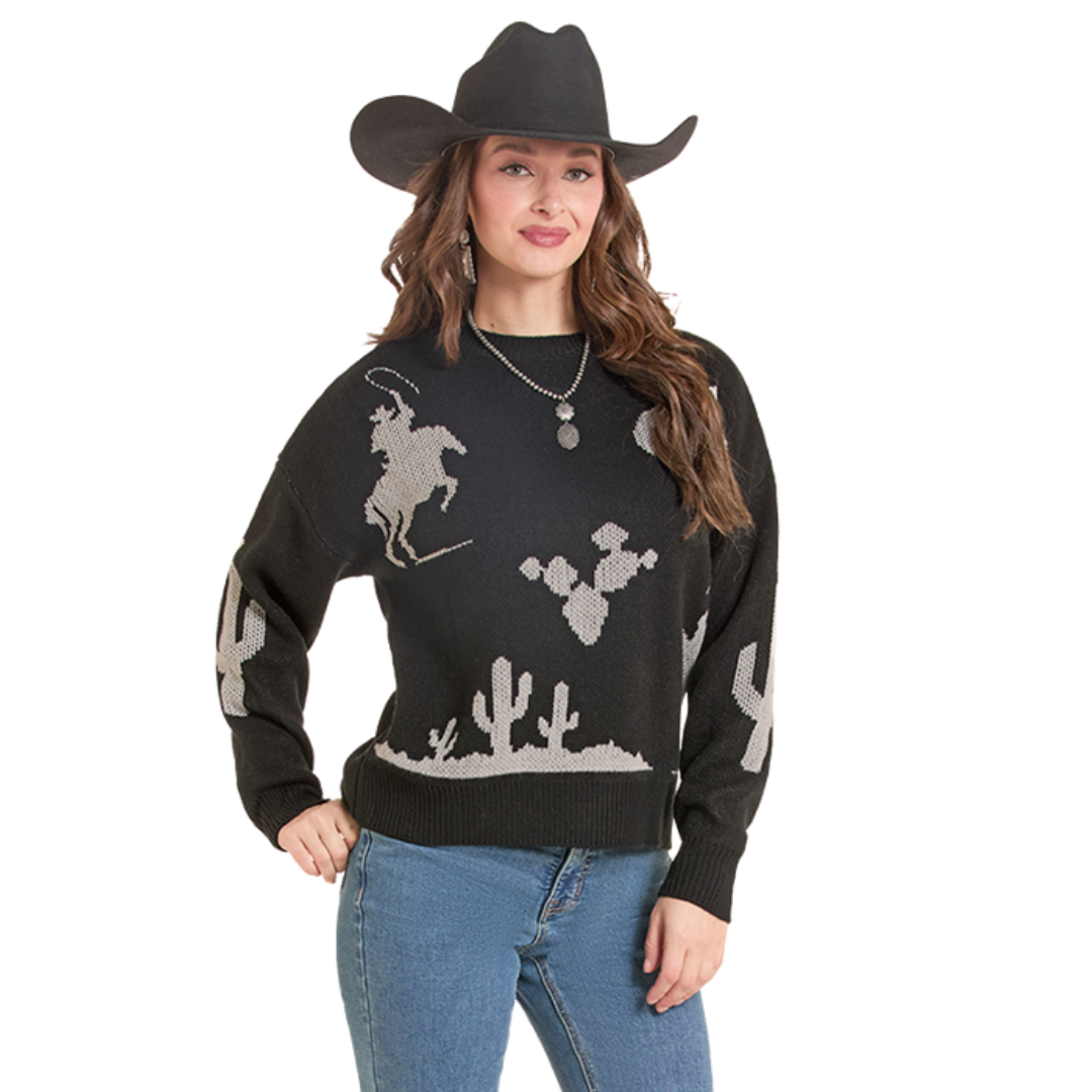 Rock & Roll Denim Ladies Black Western Motifs Sweater BW32T09993