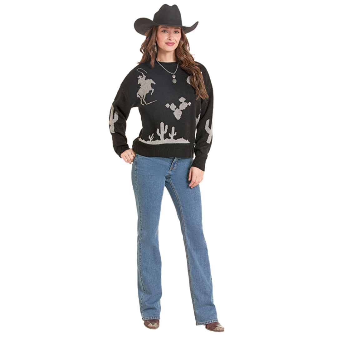 Rock & Roll Denim Ladies Black Western Motifs Sweater BW32T09993