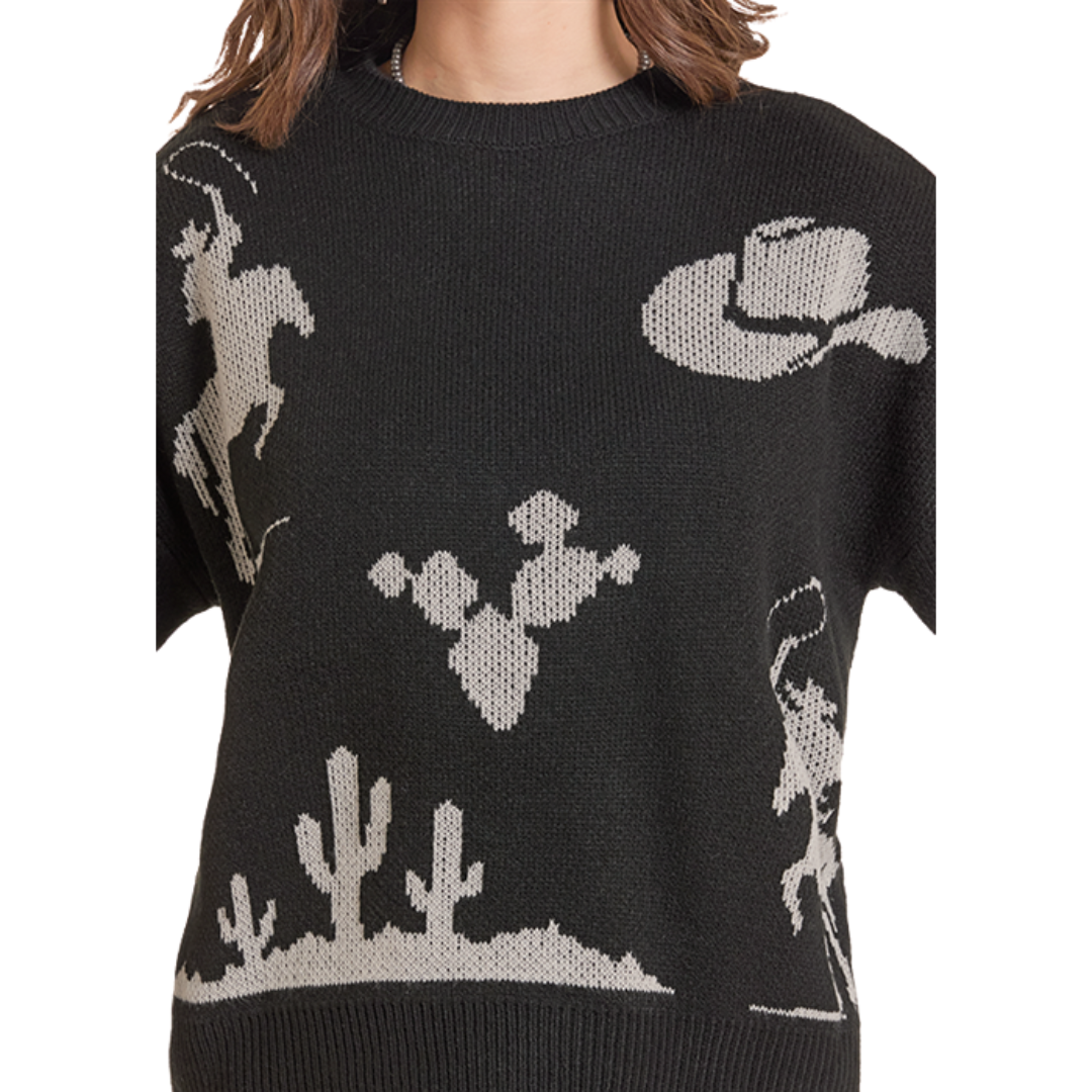 Rock & Roll Denim Ladies Black Western Motifs Sweater BW32T09993