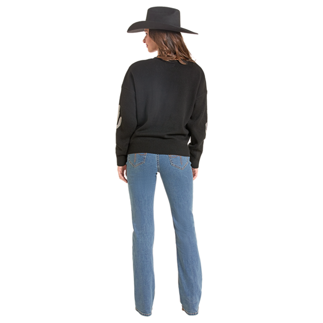 Rock & Roll Denim Ladies Black Western Motifs Sweater BW32T09993