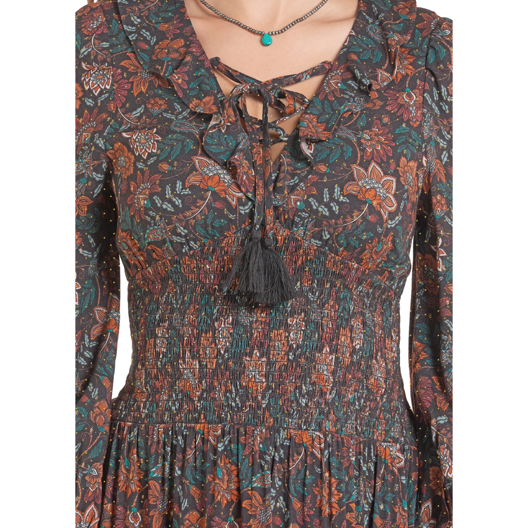 Rock & Roll Denim Ladies Hunter Green Floral Lurex Print Midi Dress BWD2R10016