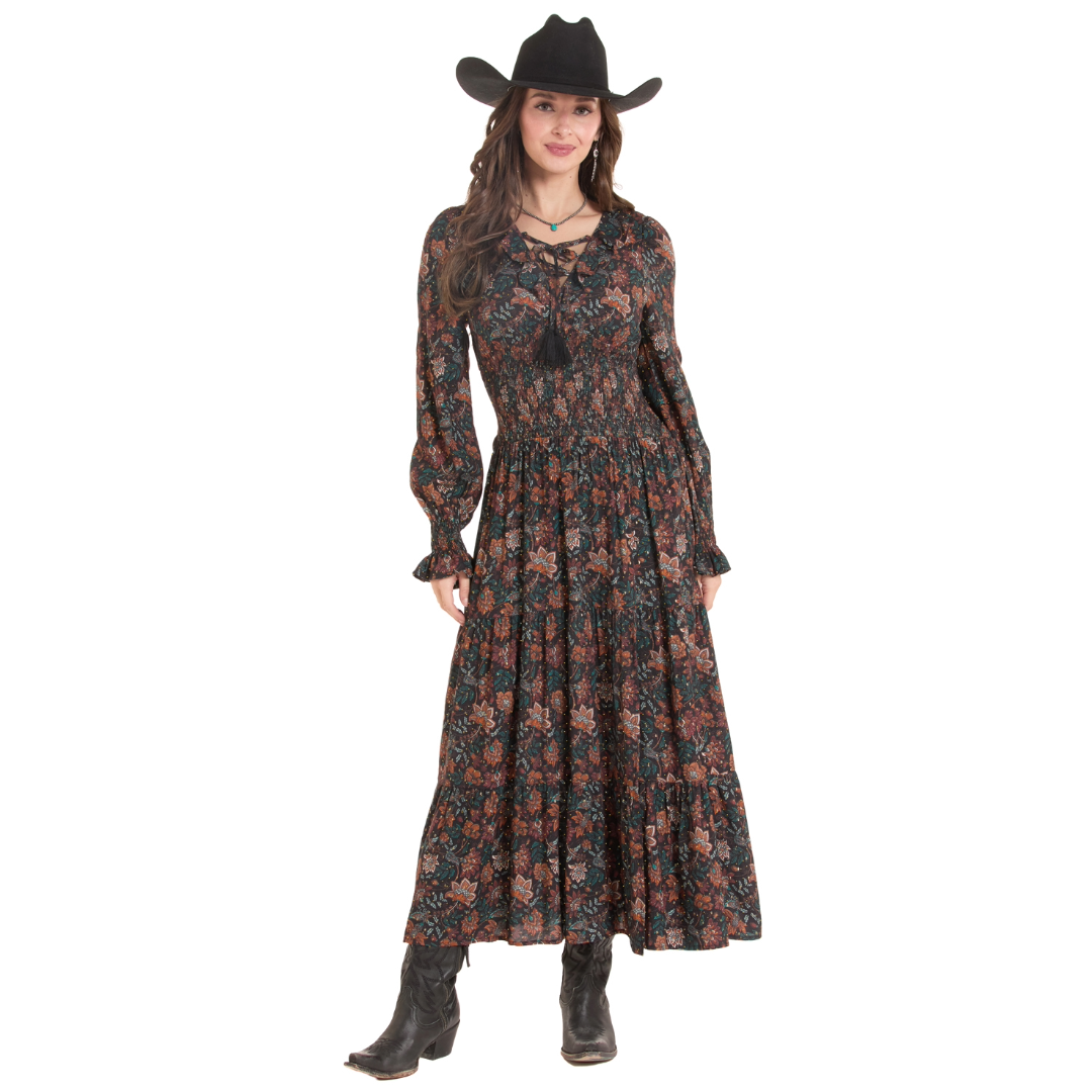 Rock & Roll Denim Ladies Hunter Green Floral Lurex Print Midi Dress BWD2R10016