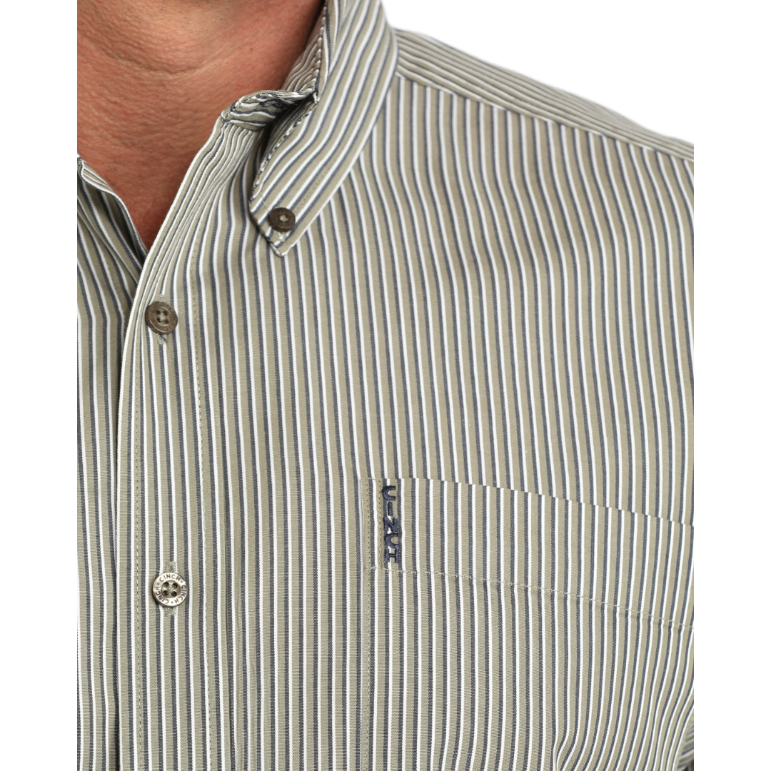 Cinch Men's Olive Green Striped Modern Fit Button Down Shirt MTW1347162