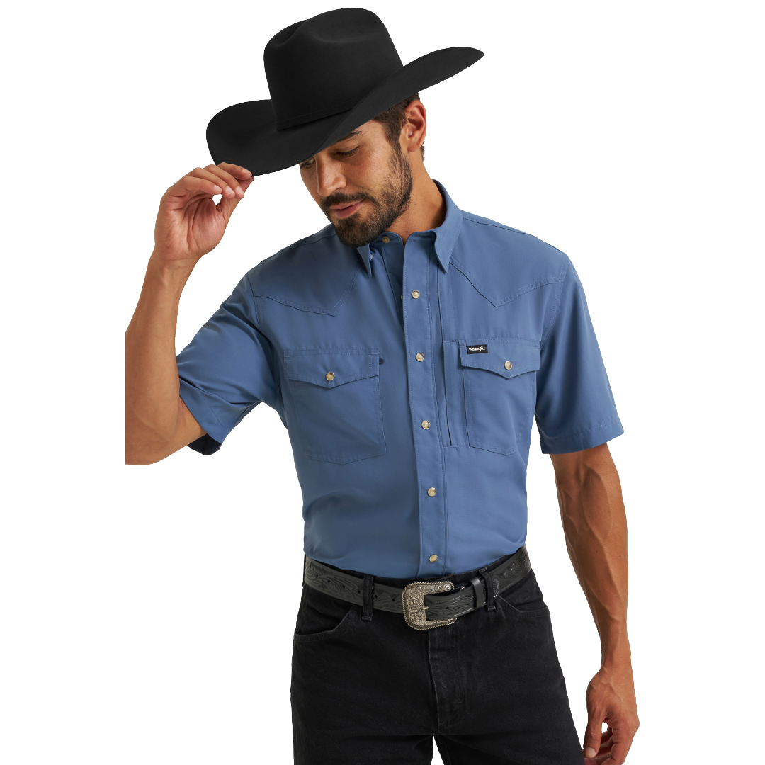 Wrangler Men's AGT-X Western Performance Relaxed Fit Vintage Indigo Button Down 112382384