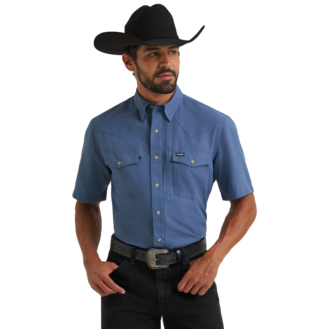 Wrangler Men's AGT-X Western Performance Relaxed Fit Vintage Indigo Button Down 112382384
