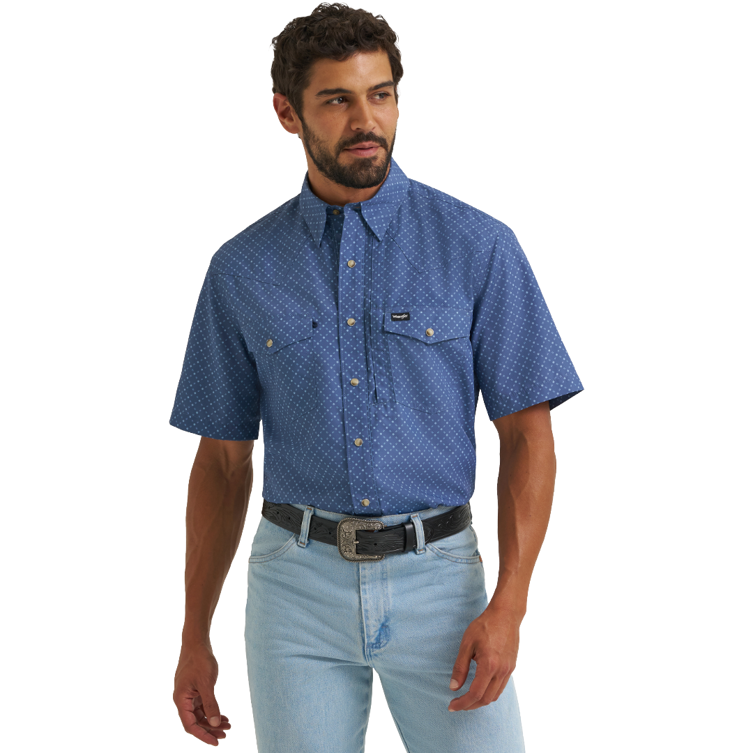 Wrangler Men's ATG-X Western Performance Relaxed Fit Vintage Indigo Lattice Button Down 112382437
