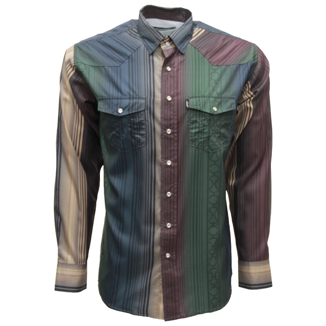 Hooey Men's SOL Green and Maroon Striped Pearl Snap Shirt HT2688GRST