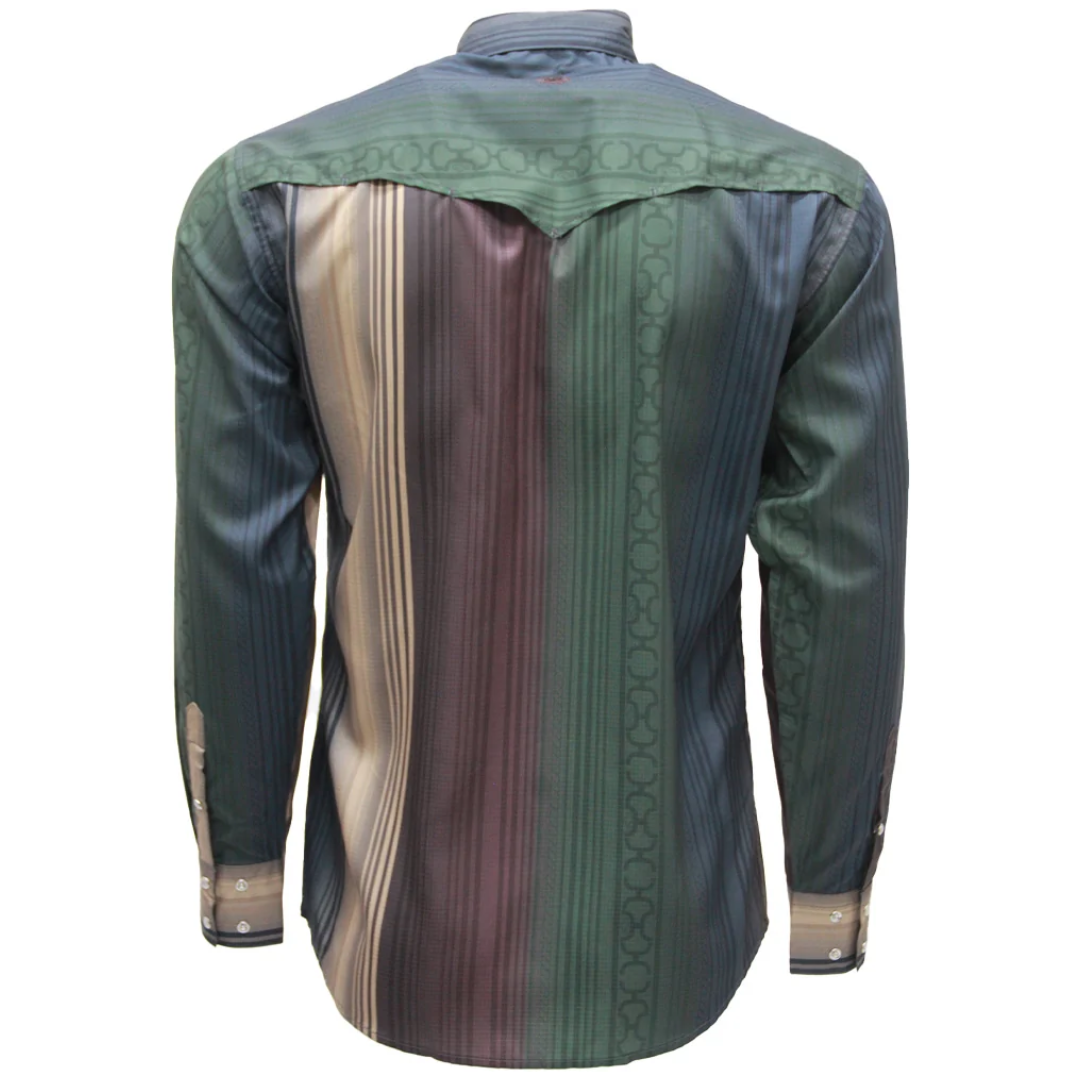 Hooey Men's SOL Green and Maroon Striped Pearl Snap Shirt HT2688GRST