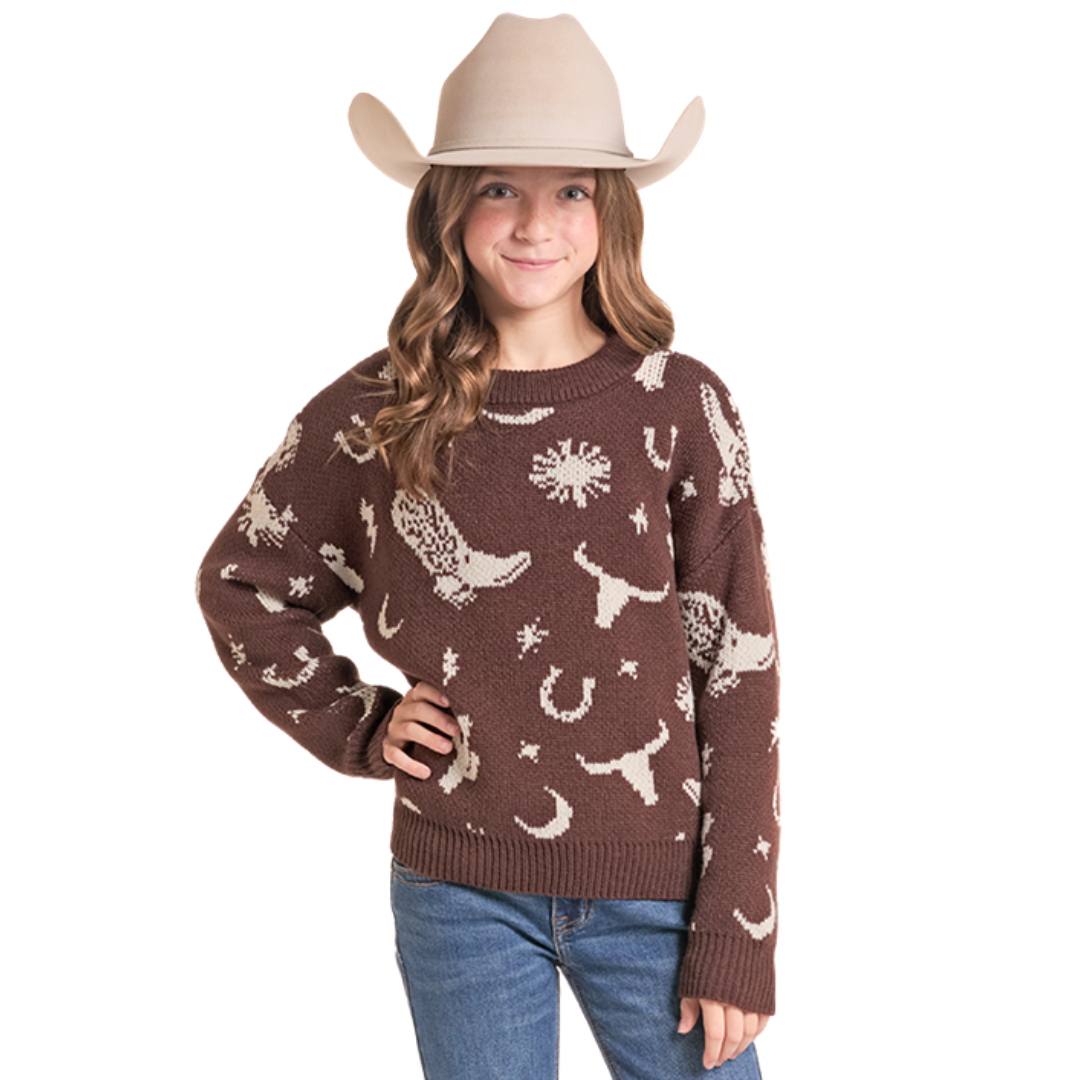 Rock & Roll Youth Girl's Western Print Chocolate Knit Sweater BG32T09414