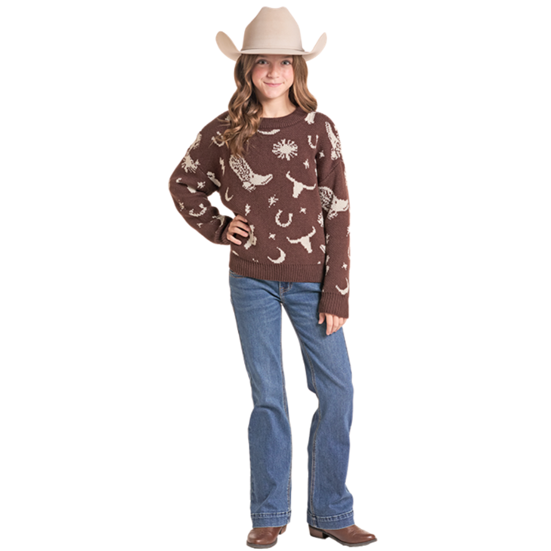 Rock & Roll Youth Girl's Western Print Chocolate Knit Sweater BG32T09414